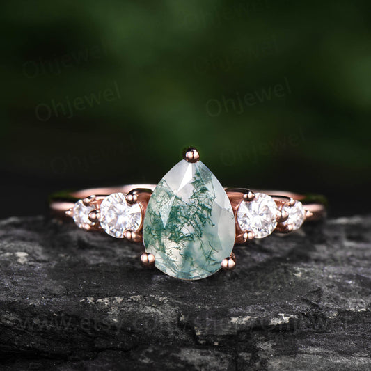 Pear shaped moss agate engagement ring vintage rose gold ring for women moissanite five stone ring custom jewelry unique wedding ring gift
