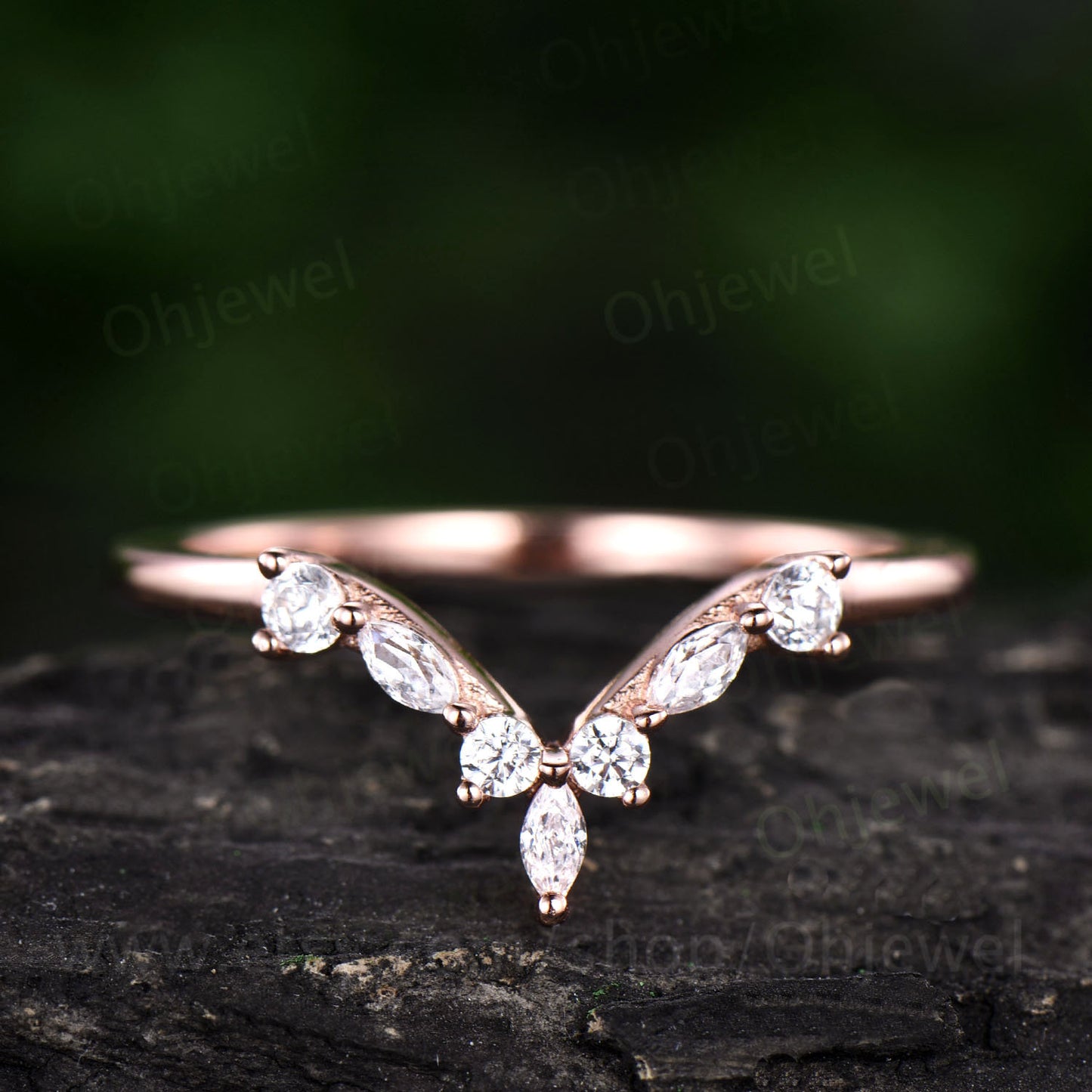 V shaped curved moissanite wedding band marquise ring 7 stone ring solid 10k 14k 18k rose gold ring vintage unique wedding ring bridal gift