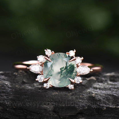 Vintage moss agate engagement ring rose gold ring cluster moissanite ring for women unique moss agate ring gold antique jewelry bridal gift