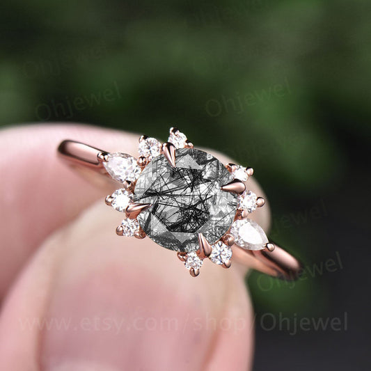 Round black rutilated quartz engagement ring vintage rose gold ring pear moissanite ring unique cluster ring bridal wedding gift for women