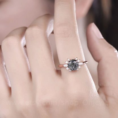 Round black rutilated quartz engagement ring vintage rose gold ring pear moissanite ring unique cluster ring bridal wedding gift for women