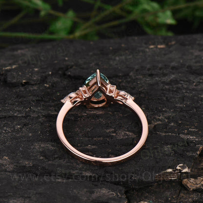 Pear moss agate ring vintage moss agate engagement ring 7 stone moissanite ring rose gold for women art deco dainty jewelry bridal ring gift