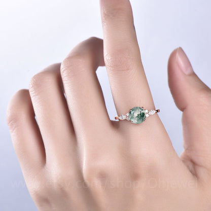 Round moss agate ring vintage moss agate engagement ring 7 stone moissanite ring rose gold ring women art deco dainty jewelry promise ring