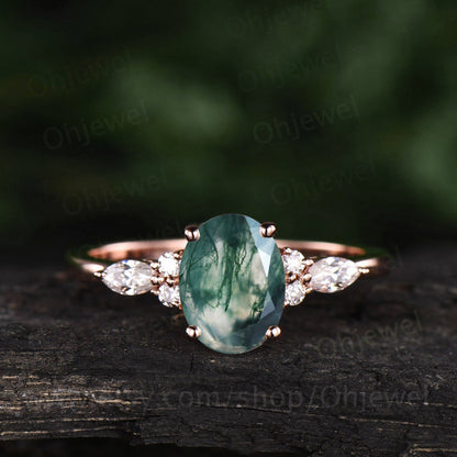 Unique vintage moss agate engagement ring for women marquise ring moissanite ring solid rose gold ring custom jewelry anniversary ring gift