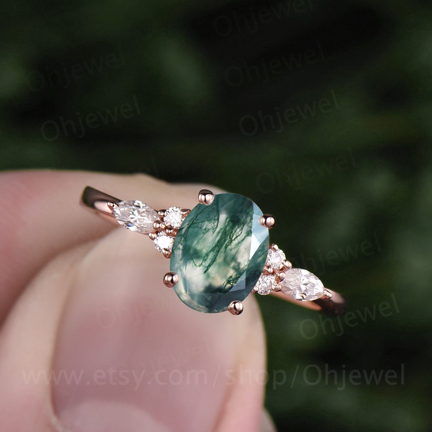 Unique vintage moss agate engagement ring for women marquise ring moissanite ring solid rose gold ring custom jewelry anniversary ring gift