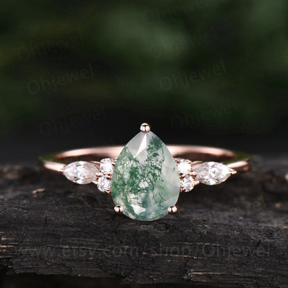 Pear moss agate ring vintage moss agate engagement ring 7 stone moissanite ring rose gold for women art deco dainty jewelry bridal ring gift