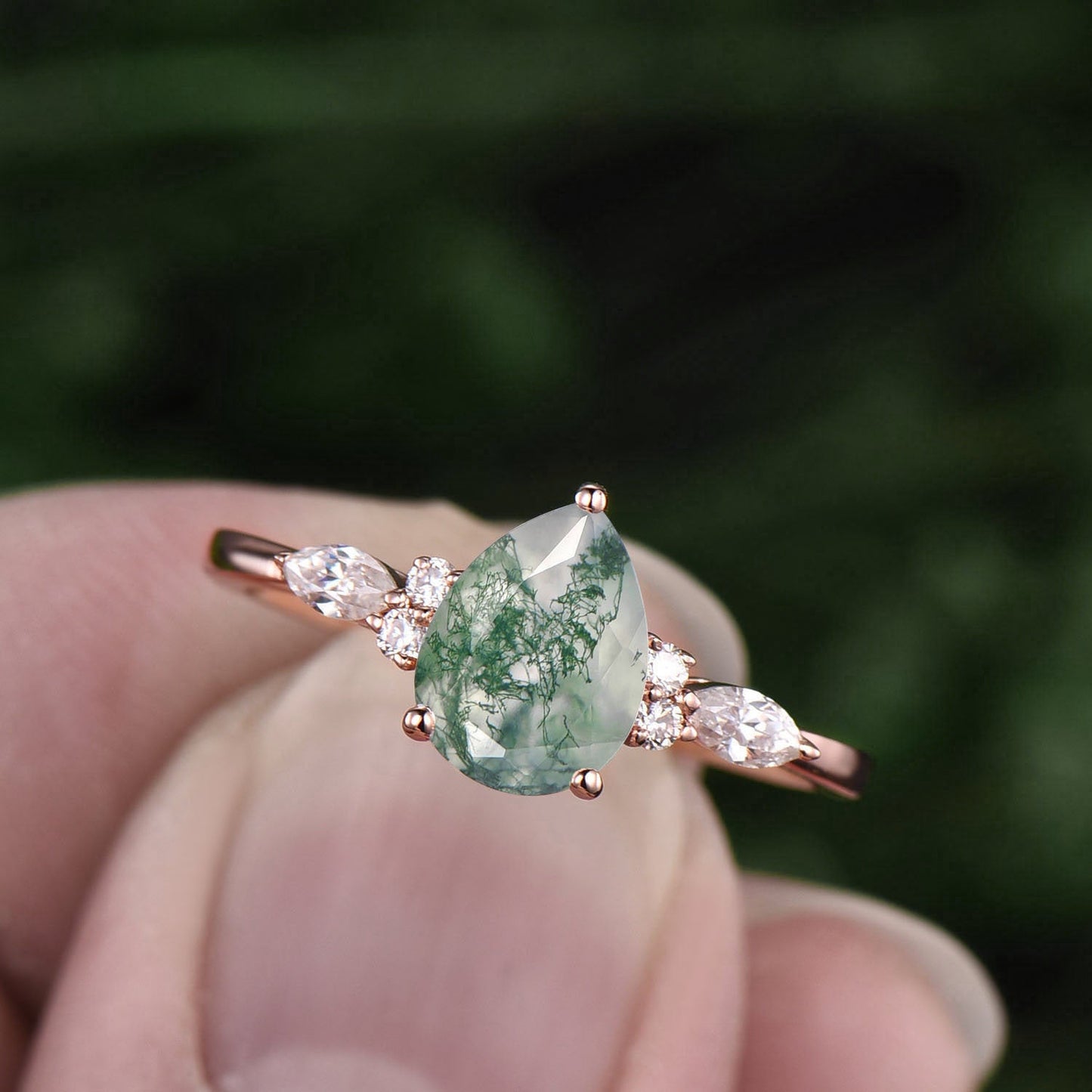 Pear moss agate ring vintage moss agate engagement ring 7 stone moissanite ring rose gold for women art deco dainty jewelry bridal ring gift