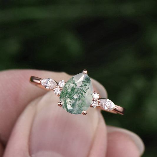 Pear moss agate ring vintage moss agate engagement ring 7 stone moissanite ring rose gold for women art deco dainty jewelry bridal ring gift