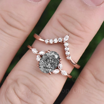Vintage art deco engagement ring set oval black rutilated quartz engagement ring set rose gold ring set marquise moissanite ring set gift