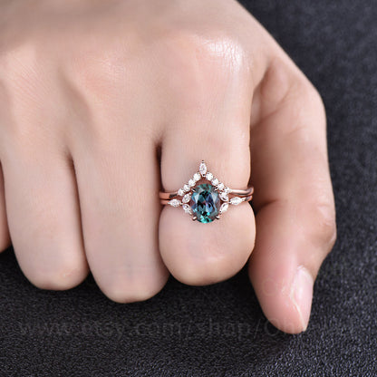 Oval Alexandrite ring set vintage Alexandrite engagement ring set unique moissanite ring set for women unique anniversary wedding bridal set