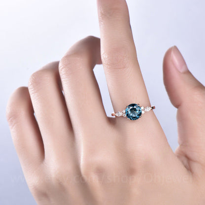 Vintage London blue topaz engagement ring rose gold ring marquise moissanite ring for women unique topaz ring gold birthstone ring gift