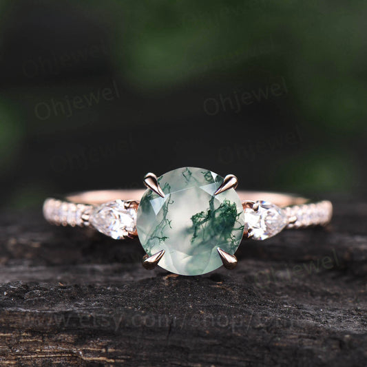 Round moss agate ring vintage moss agate engagement ring pear moissanite ring rose gold ring women half eternity dainty jewelry promise ring