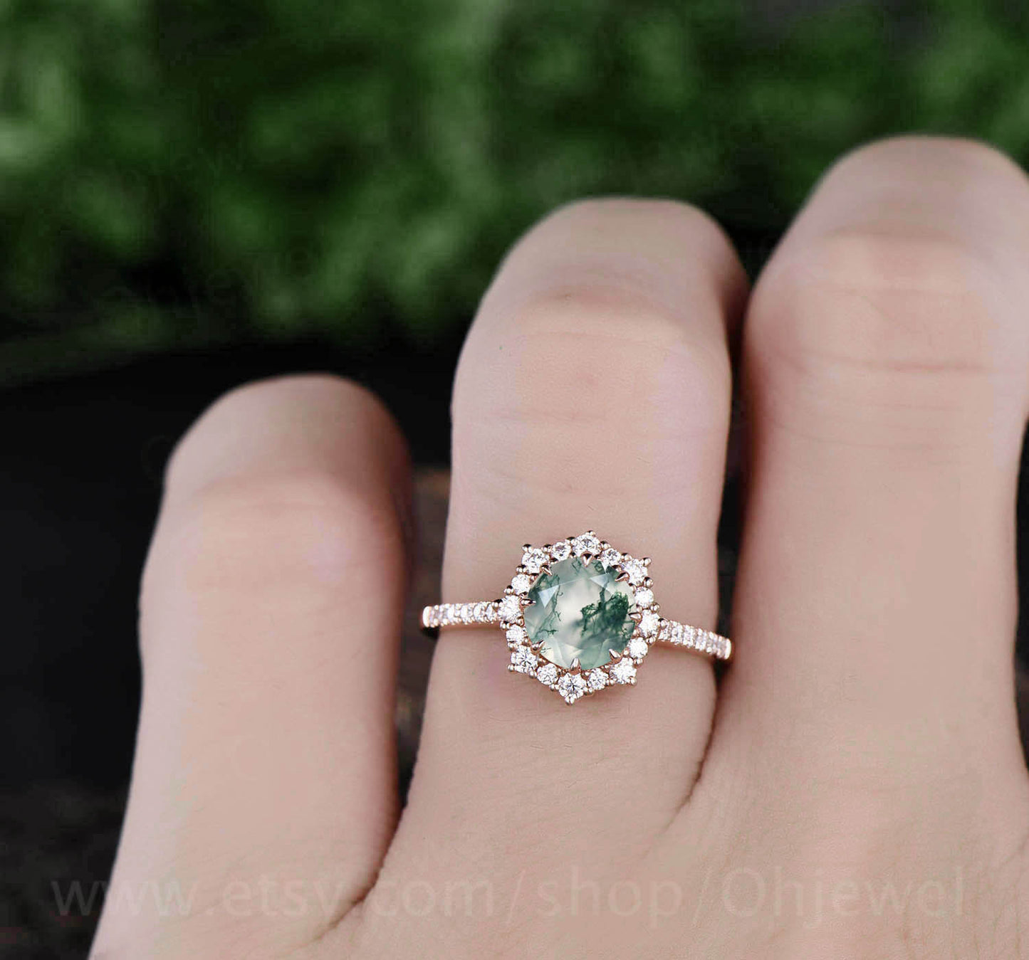 1ct moss agate ring for women vintage unique halo cluster moissanite ring moss agate engagement ring rose gold half eternity wedding ring