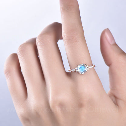 Round shaped moonstone ring vintage moonstone engagement ring marquise ring unique moissanite ring for women June birthstone ring jewelry