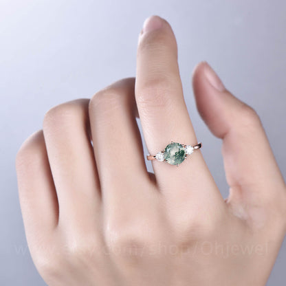 Three stone ring round moss agate ring vintage moss agate engagement ring moissanite ring rose gold for women jewelry dainty bridal ring