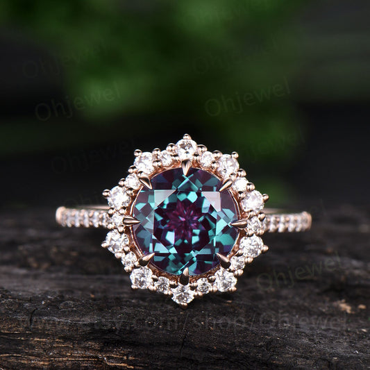 8mm round shaped alexandrite ring vintage color change alexandrite engagement ring rose gold ring moissanite ring women June birthstone ring