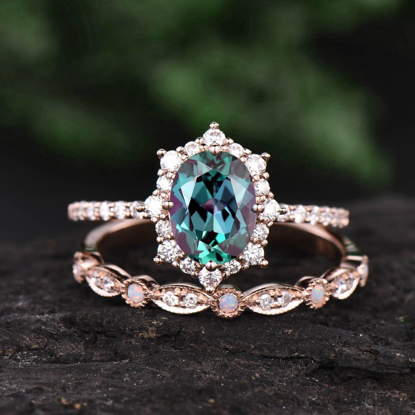 Color change Alexandrite engagement ring set vintage opal ring set diamond ring set rose gold ring set unqiue wedding ring set jewely gift