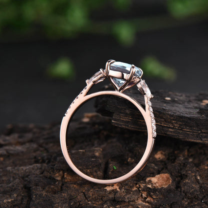 Round aquamarine engagement ring pear moissanite ring half eternity diamond ring rose gold ring March birthstone ring custom jewelry gift