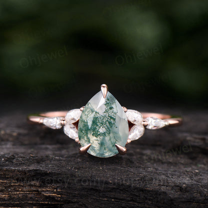 Vintage moss agate engagement ring pear shaped moissanite ring solid rose gold ring 7 stone ring women bridal wedding ring anniversary gift