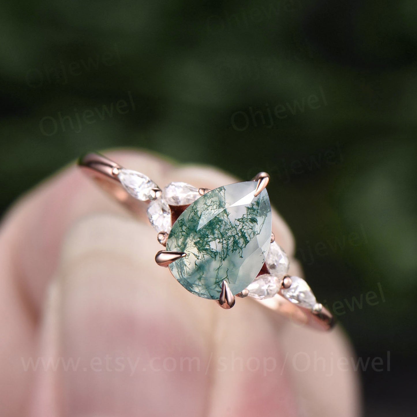 Vintage moss agate engagement ring pear shaped moissanite ring solid rose gold ring 7 stone ring women bridal wedding ring anniversary gift