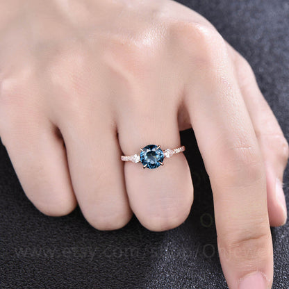 Vintage London blue topaz engagement ring rose gold ring pear moissanite ring real diamond ring November birthstone ring women jewelry gift