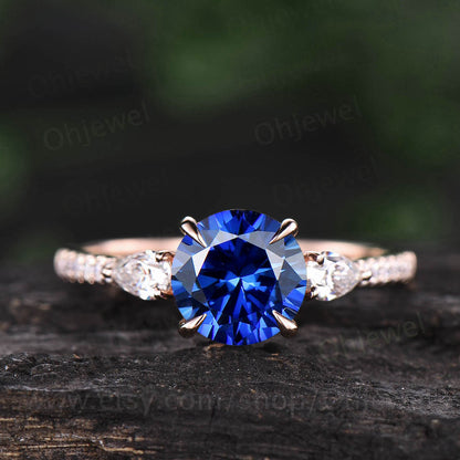 Vintage sapphire engagement ring round sapphire bridal ring rose gold sapphire jewelry half eternity diamond ring September birthstone ring