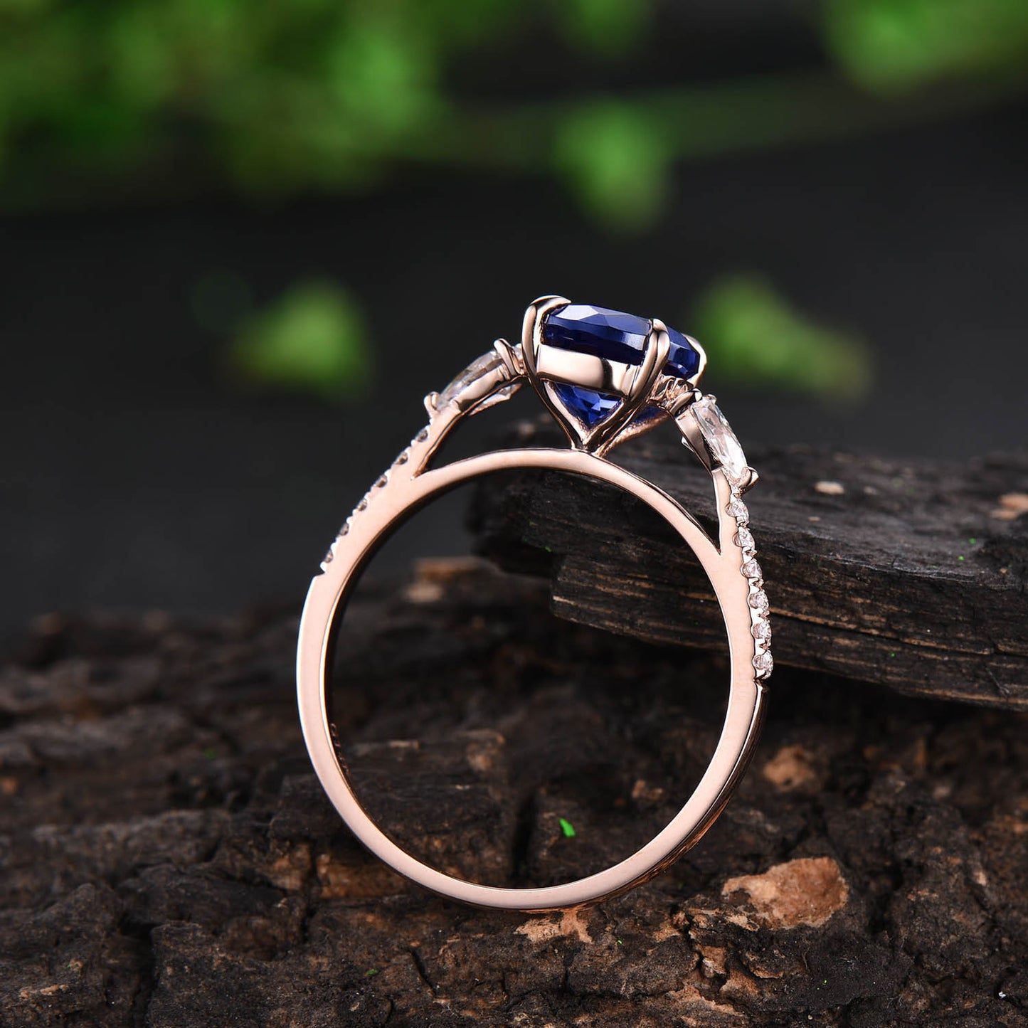 Vintage sapphire engagement ring round sapphire bridal ring rose gold sapphire jewelry half eternity diamond ring September birthstone ring