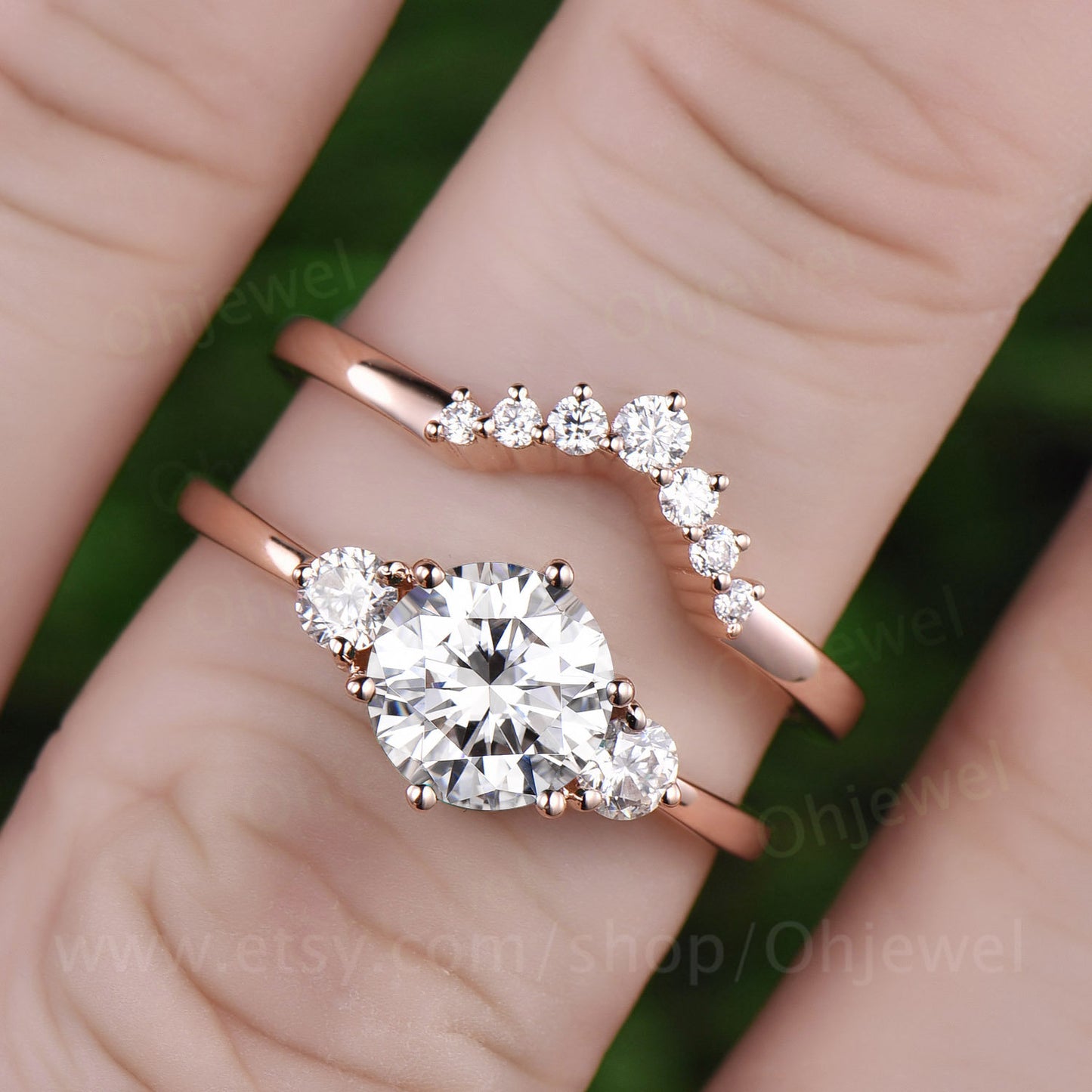 Three stone moissanite engagement ring set rose gold 14K/18K moissanite ring set rose gold moissanite wedding ring band unique promise ring
