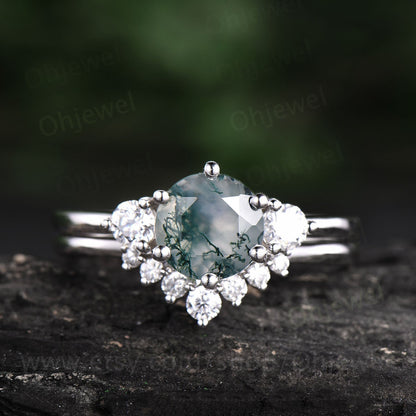 Round moss agate ring set vintage moss agate engagement ring set rose gold moissanite ring set three stone ring for women bridal set gift