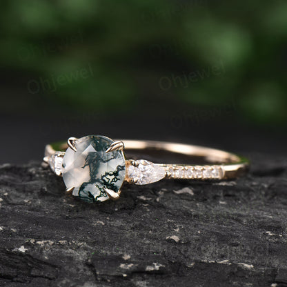 Round moss agate ring vintage moss agate engagement ring pear moissanite ring rose gold ring women half eternity dainty jewelry promise ring