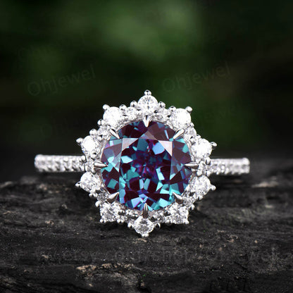 2pcs 8mm round cut Alexandrite bridal set vintage Alexandrite engagement ring set halo ring diamond wedding band marquise ring for women