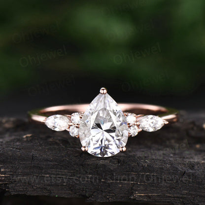 Pear shaped moissanite engagement ring vintage marquise moissanite ring unique 7 stone ring rose gold ring women bridal anniversary gift