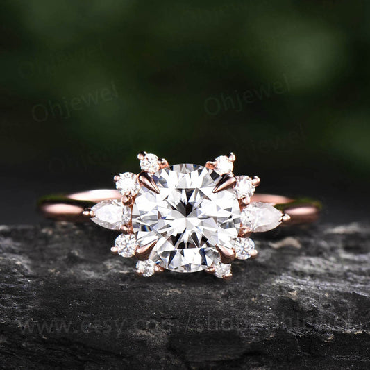 Cluster round moissanite engagement ring flower halo vintage moissanite ring unique engagement ring pear moissanite ring gold silver ring