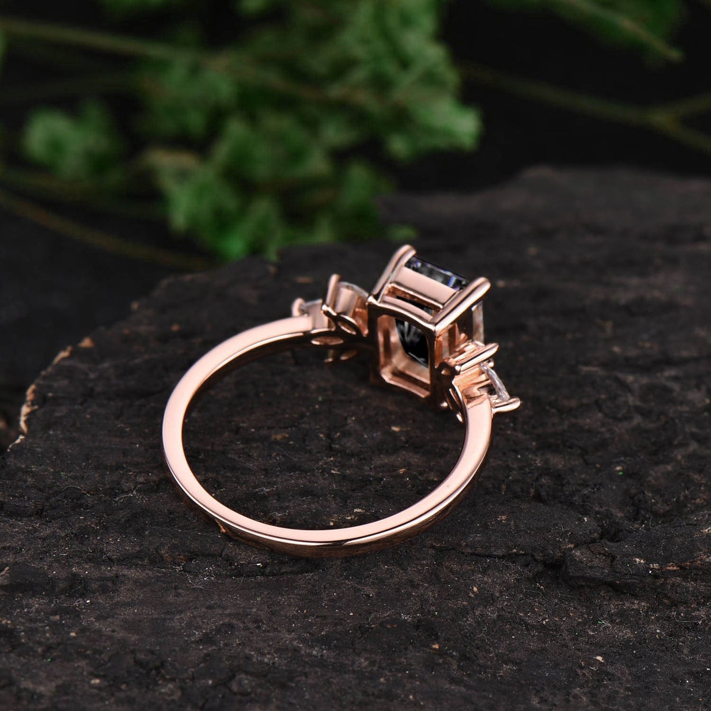 Emerald cut black quartz rutilated engagement ring vintage unique rose gold engagement ring 7 stone moissanite ring for women wedding ring