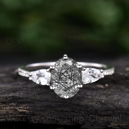 Vintage black rutilated quartz engagement ring pear shaped moissanite ring white gold eternity diamond ring for women black stone ring gift