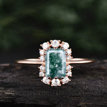 Unique engagement ring vintage moss agate engagement ring cluster halo moissanite ring rose gold organic gemstone ring for women jewelry