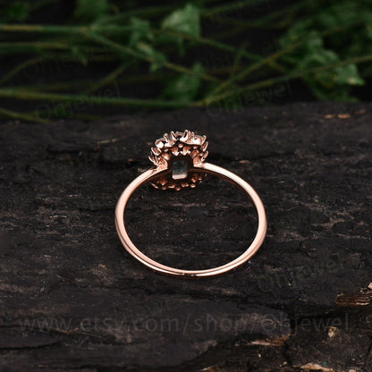 Unique moss agate ring emerald cut moss agate engagement ring for women vintage cluster halo moissanite ring gold silver dainty jewelry gift