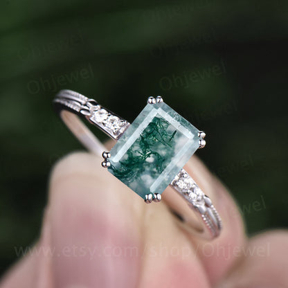 Emerald cut moss agate engagement ring vintage moss agate ring rose gold ring for women organic gemstone ring five stone ring diamond ring