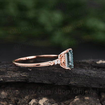 Emerald cut moss agate engagement ring vintage moss agate ring rose gold ring for women organic gemstone ring five stone ring diamond ring