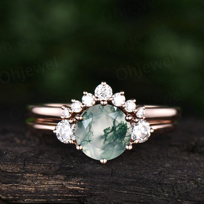 Round moss agate ring set vintage moss agate engagement ring set rose gold moissanite ring set three stone ring bridal ring set for women