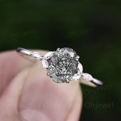 Oval cut black rutilated quartz engagement ring white gold ring art deco moissanite ring black stone ring marquise ring promise ring gift