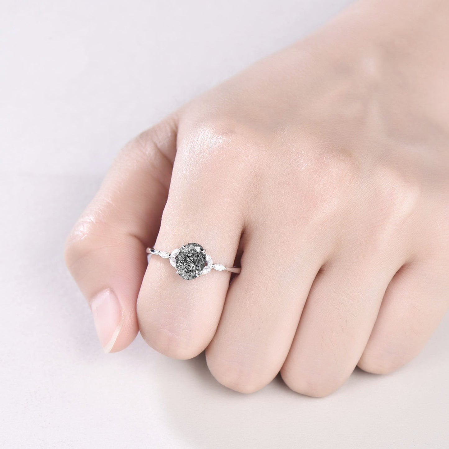 Oval cut black rutilated quartz engagement ring white gold ring art deco moissanite ring black stone ring marquise ring promise ring gift