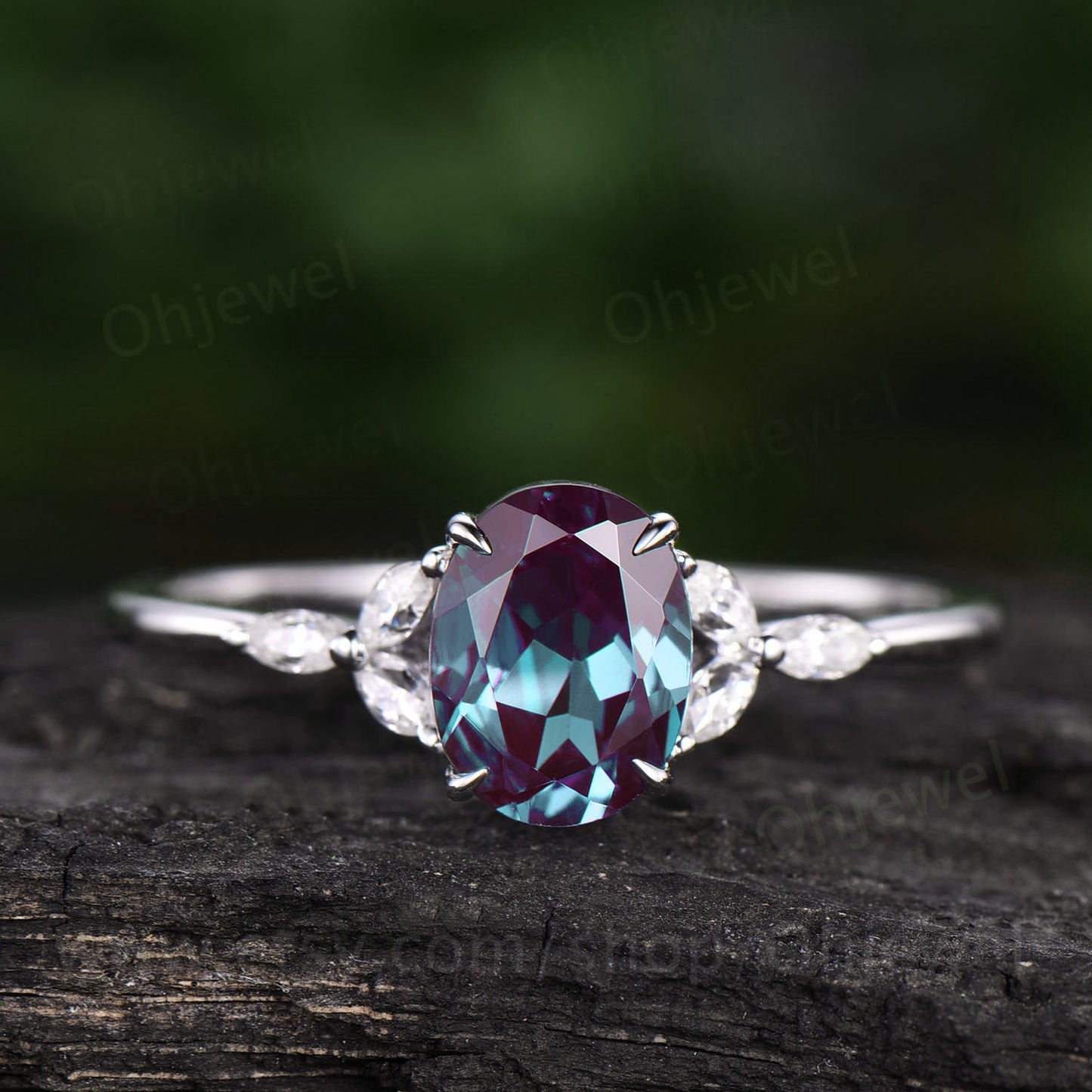 Oval cut Alexandrite engagement ring white gold ring color change stone ring 7 stone ring marquise ring vintage moissanite ring bridal ring
