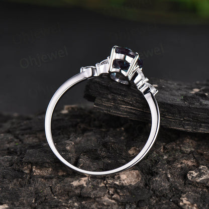 Alexandrite ring vintage oval cut engagement ring flower unique white gold engagement ring cluster moissanite ring anniversary ring gifts