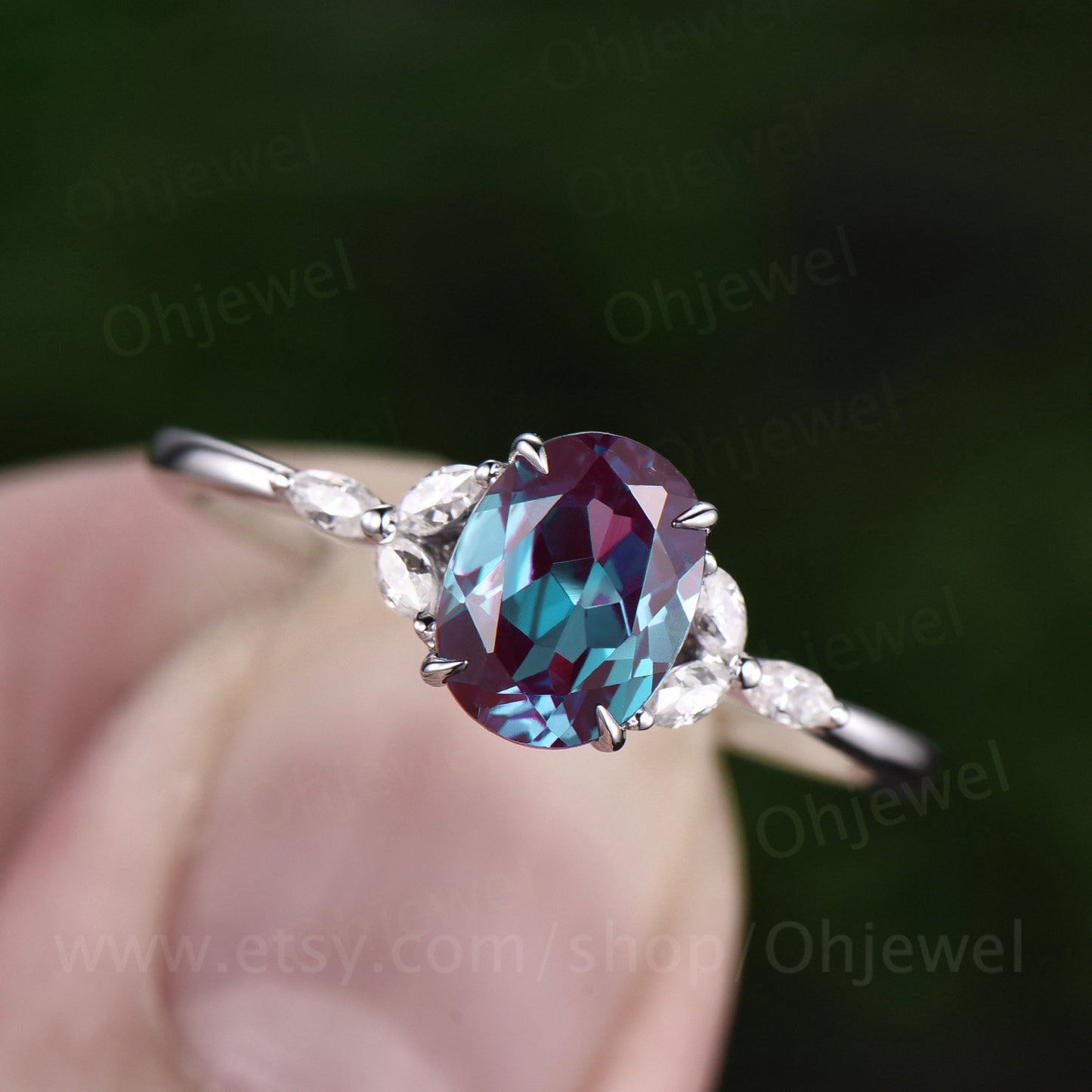 Oval cut Alexandrite engagement ring white gold ring color change stone ring 7 stone ring marquise ring vintage moissanite ring bridal ring