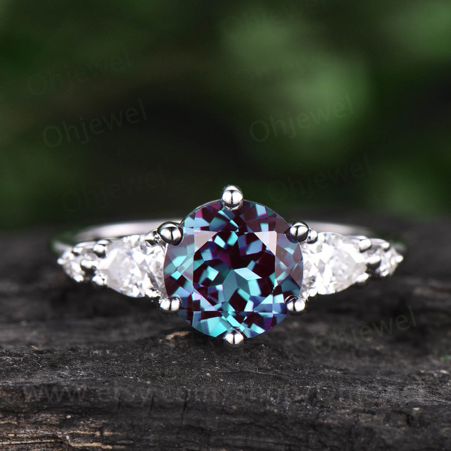 Round Alexandrite five stone ring vintage Alexandrite engagement ring rose gold women pear shaped moissanite ring color change stone ring