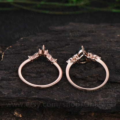 Pear shaped moss agate engagement ring set vintage moss agate ring set marquise moissanite ring set green moss ring 7 stone ring bridal set