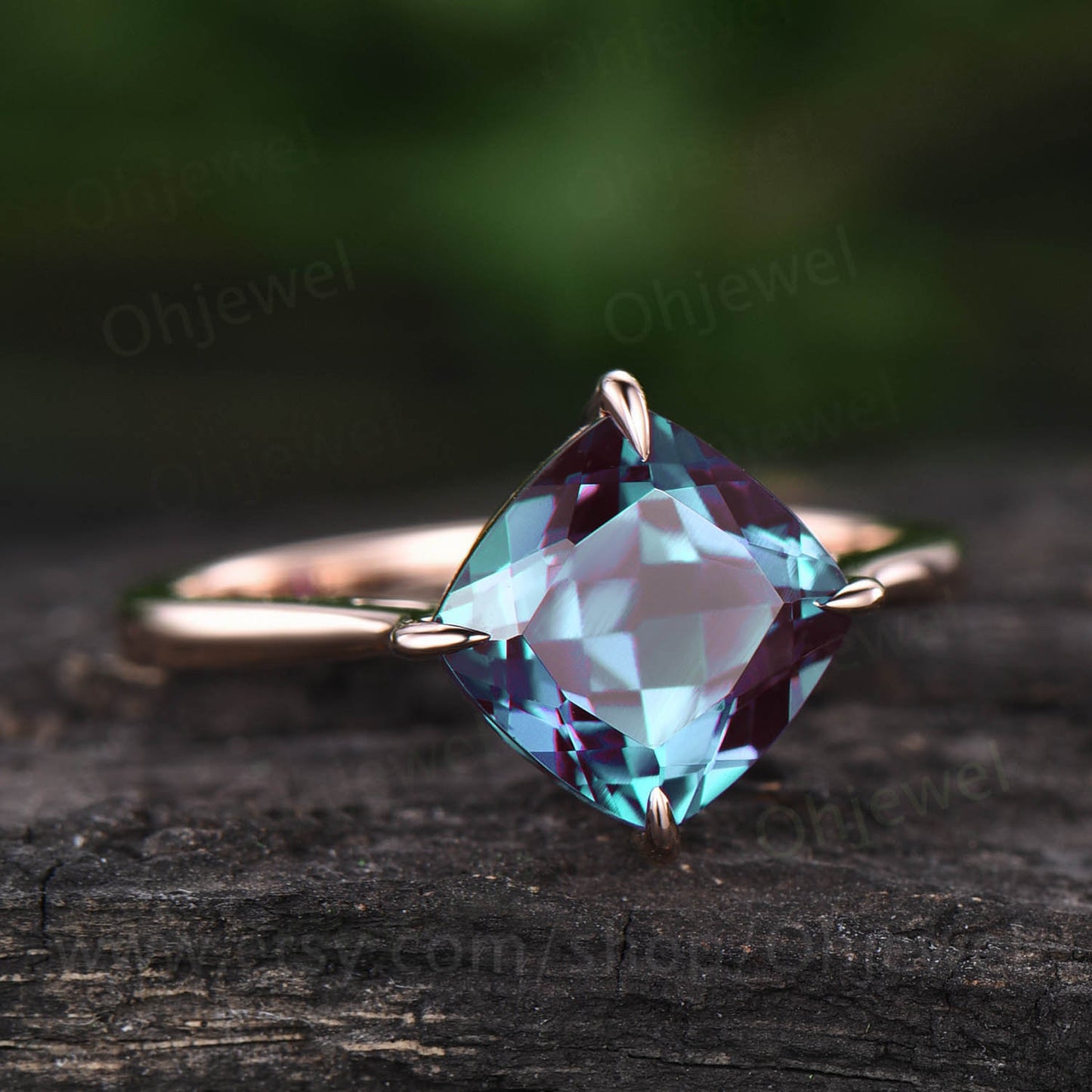 Cushion cut alexandrite engagement ring vintage Solitaire rose gold color change stone ring for women custom jewelry wedding bridal gift