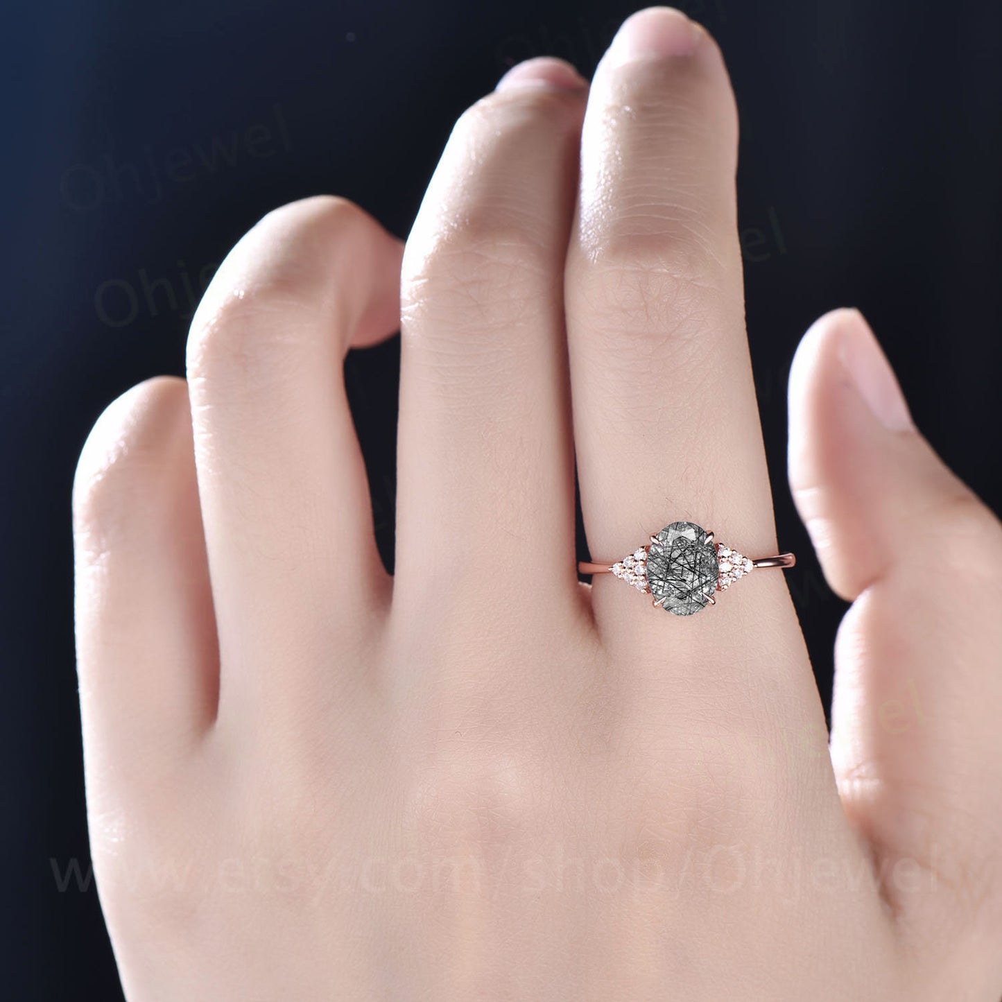 Vintage black rutilated quartz engagement ring solid rose ring real diamond ring women jewelry black stone ring bridal ring anniversary gift