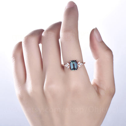 Emerald cut Alexandrite engagement ring 7 stone ring rose gold ring marquise ring unique moissanite ring for women color change stone ring
